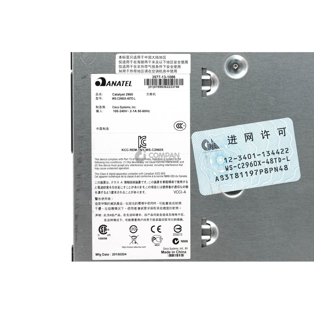 Cisco WS-C2960X-48TD-L 48x RJ-45 1Gb 2x SFP 1Gb Ethernet Switch